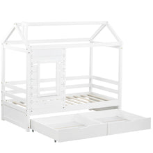 Lade das Bild in den Galerie-Viewer, Hausbett Kinderbett Jugendbett 160x80 mit Rausfallschutz，vielseitiges Holz Kinderbett ，Massivholz Kinder Bett mit Rausfallschutz Fenster und Lattenrost
