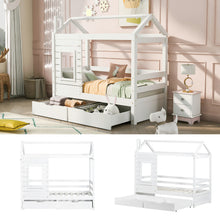 Lade das Bild in den Galerie-Viewer, Hausbett Kinderbett Jugendbett 160x80 mit Rausfallschutz，vielseitiges Holz Kinderbett ，Massivholz Kinder Bett mit Rausfallschutz Fenster und Lattenrost
