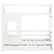 Lade das Bild in den Galerie-Viewer, Hausbett Kinderbett Jugendbett 160x80 mit Rausfallschutz，vielseitiges Holz Kinderbett ，Massivholz Kinder Bett mit Rausfallschutz Fenster und Lattenrost

