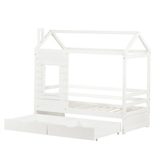 Lade das Bild in den Galerie-Viewer, Hausbett Kinderbett Jugendbett 160x80 mit Rausfallschutz，vielseitiges Holz Kinderbett ，Massivholz Kinder Bett mit Rausfallschutz Fenster und Lattenrost
