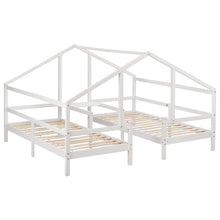 Lade das Bild in den Galerie-Viewer, Hausbett für 2 Kinder， zwei Einzelbetten unter einem Dach im Hausbettdesign mit Nachttisch und Lattenrost，Jugendbett 90*200 mit Rausfallschutz，Weiß
