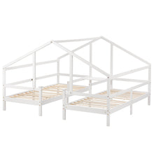 Lade das Bild in den Galerie-Viewer, Hausbett für 2 Kinder， zwei Einzelbetten unter einem Dach im Hausbettdesign mit Nachttisch und Lattenrost，Jugendbett 90*200 mit Rausfallschutz，Weiß
