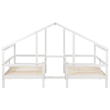 Lade das Bild in den Galerie-Viewer, Hausbett für 2 Kinder， zwei Einzelbetten unter einem Dach im Hausbettdesign mit Nachttisch und Lattenrost，Jugendbett 90*200 mit Rausfallschutz，Weiß
