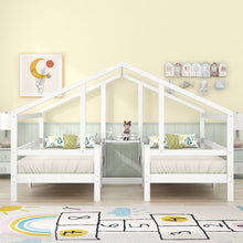 Lade das Bild in den Galerie-Viewer, Hausbett für 2 Kinder， zwei Einzelbetten unter einem Dach im Hausbettdesign mit Nachttisch und Lattenrost，Jugendbett 90*200 mit Rausfallschutz，Weiß
