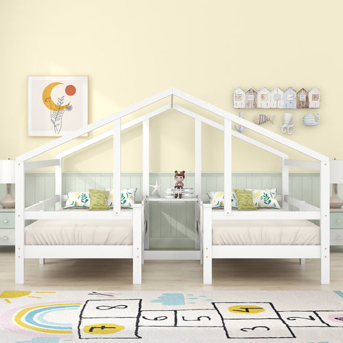 Hausbett für 2 Kinder， zwei Einzelbetten unter einem Dach im Hausbettdesign mit Nachttisch und Lattenrost，Jugendbett 90*200 mit Rausfallschutz，Weiß