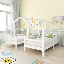 Lade das Bild in den Galerie-Viewer, Hausbett für 2 Kinder， zwei Einzelbetten unter einem Dach im Hausbettdesign mit Nachttisch und Lattenrost，Jugendbett 90*200 mit Rausfallschutz，Weiß
