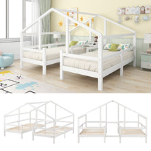 Lade das Bild in den Galerie-Viewer, Hausbett für 2 Kinder， zwei Einzelbetten unter einem Dach im Hausbettdesign mit Nachttisch und Lattenrost，Jugendbett 90*200 mit Rausfallschutz，Weiß
