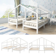 Lade das Bild in den Galerie-Viewer, Hausbett für 2 Kinder， zwei Einzelbetten unter einem Dach im Hausbettdesign mit Nachttisch und Lattenrost，Jugendbett 90*200 mit Rausfallschutz，Weiß
