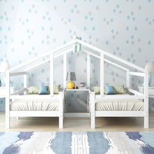 Lade das Bild in den Galerie-Viewer, Hausbett für 2 Kinder， zwei Einzelbetten unter einem Dach im Hausbettdesign mit Nachttisch und Lattenrost，Jugendbett 90*200 mit Rausfallschutz，Weiß

