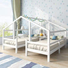 Lade das Bild in den Galerie-Viewer, Hausbett für 2 Kinder， zwei Einzelbetten unter einem Dach im Hausbettdesign mit Nachttisch und Lattenrost，Jugendbett 90*200 mit Rausfallschutz，Weiß
