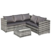 Lade das Bild in den Galerie-Viewer, Polyrattan Lounge set sofa, 5-Sitzer-Gartenmöbel-Set mit grauen Anti-UV-Kissen, abnehmbare Bezüge, Rattan-Ecksofa mit Einzelsofa und Couchtisch für 4-5 Personen
