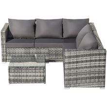 Lade das Bild in den Galerie-Viewer, Polyrattan Lounge set sofa, 5-Sitzer-Gartenmöbel-Set mit grauen Anti-UV-Kissen, abnehmbare Bezüge, Rattan-Ecksofa mit Einzelsofa und Couchtisch für 4-5 Personen
