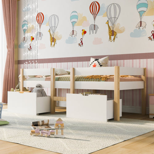 Bett Kinderbett mit Schublade und Rausfallschutz, Kiefer-Vollholz-90x200 cm-Weiß & Eiche