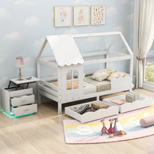 Lade das Bild in den Galerie-Viewer, Hausbett Kinderbett Jugendbett 200x90 mit Rausfallschutz，vielseitiges Holz Kinderbett für Jungen &amp; Mädchen, Wei Schubladen, Massivholz Kinder Bett mit Rausfallschutz Fenster und Lattenrost, Weiß
