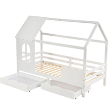 Lade das Bild in den Galerie-Viewer, Hausbett Kinderbett Jugendbett 200x90 mit Rausfallschutz，vielseitiges Holz Kinderbett für Jungen &amp; Mädchen, Wei Schubladen, Massivholz Kinder Bett mit Rausfallschutz Fenster und Lattenrost, Weiß
