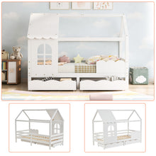 Lade das Bild in den Galerie-Viewer, Hausbett Kinderbett Jugendbett 200x90 mit Rausfallschutz，vielseitiges Holz Kinderbett für Jungen &amp; Mädchen, Wei Schubladen, Massivholz Kinder Bett mit Rausfallschutz Fenster und Lattenrost, Weiß
