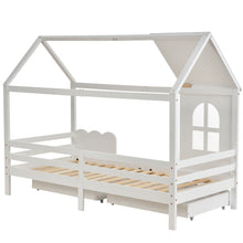 Lade das Bild in den Galerie-Viewer, Hausbett Kinderbett Jugendbett 200x90 mit Rausfallschutz，vielseitiges Holz Kinderbett für Jungen &amp; Mädchen, Wei Schubladen, Massivholz Kinder Bett mit Rausfallschutz Fenster und Lattenrost, Weiß
