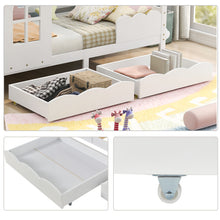 Lade das Bild in den Galerie-Viewer, Hausbett Kinderbett Jugendbett 200x90 mit Rausfallschutz，vielseitiges Holz Kinderbett für Jungen &amp; Mädchen, Wei Schubladen, Massivholz Kinder Bett mit Rausfallschutz Fenster und Lattenrost, Weiß
