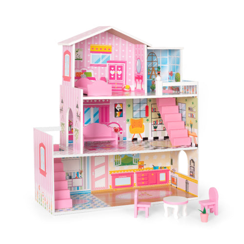 Hölzernes Puppenhaus mit Zubehör für Puppen zwischen 7-12 cm, süßes großes Traumhaus, 3+