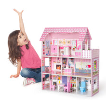 Lade das Bild in den Galerie-Viewer, Rosafarbenes Puppenhaus-Spielset aus Holz mit Möbeln und Zubehör, Traumhaus-Spielzeugset, 3+
