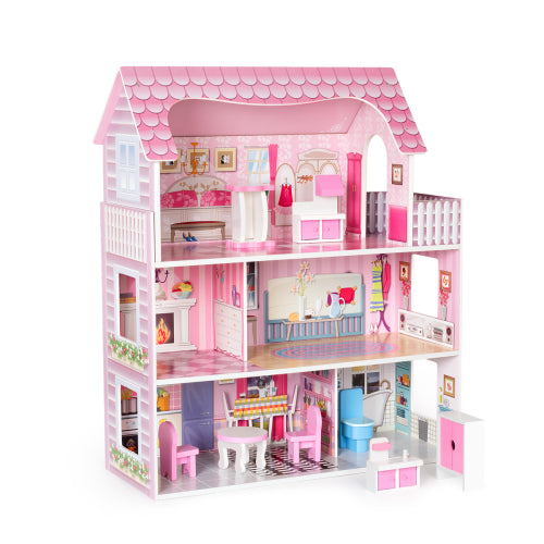 Rosafarbenes Puppenhaus-Spielset aus Holz mit Möbeln und Zubehör, Traumhaus-Spielzeugset, 3+