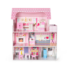 Lade das Bild in den Galerie-Viewer, Rosafarbenes Puppenhaus-Spielset aus Holz mit Möbeln und Zubehör, Traumhaus-Spielzeugset, 3+
