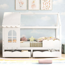 Lade das Bild in den Galerie-Viewer, Hausbett Kinderbett Jugendbett 200x90 mit Rausfallschutz，vielseitiges Holz Kinderbett für Jungen &amp; Mädchen, Wei Schubladen, Massivholz Kinder Bett mit Rausfallschutz Fenster und Lattenrost, Weiß

