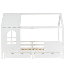 Lade das Bild in den Galerie-Viewer, Hausbett Kinderbett Jugendbett 200x90 mit Rausfallschutz，vielseitiges Holz Kinderbett für Jungen &amp; Mädchen, Wei Schubladen, Massivholz Kinder Bett mit Rausfallschutz Fenster und Lattenrost, Weiß
