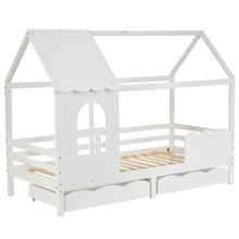 Lade das Bild in den Galerie-Viewer, Hausbett Kinderbett Jugendbett 200x90 mit Rausfallschutz，vielseitiges Holz Kinderbett für Jungen &amp; Mädchen, Wei Schubladen, Massivholz Kinder Bett mit Rausfallschutz Fenster und Lattenrost, Weiß

