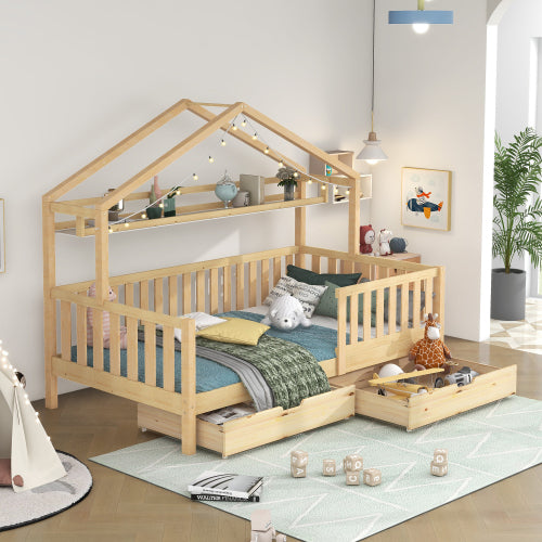Kinderbett in Holzfarbe,Kinderbett Hausbett mit Schubladen,Massivholz mit Lattenrost, Kiefernholz Hausbett , Kinder und Jugendzimmer,90x200