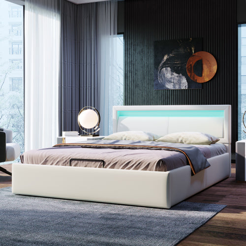 Polsterbett, LED-Bett, 140*200cm, mit Lattenrost und Stauraum, mit beleuchtetem Kopfteil in diversen Farben，Weiß,Kopfteil & Kunstleder