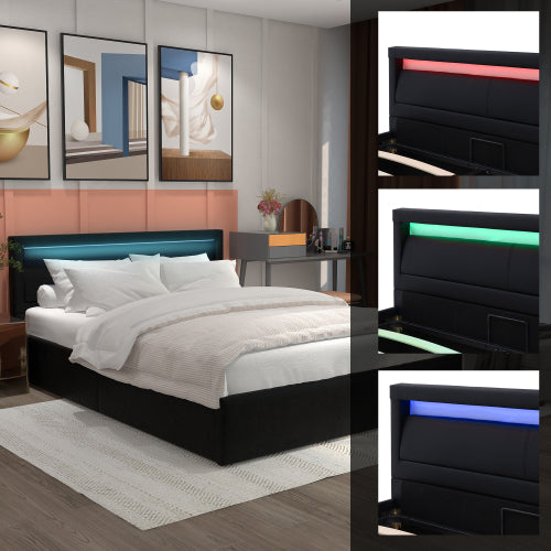 Polsterbett,140*200cm LED-Bett，mit Lattenrost und Stauraum, mit beleuchtetem Kopfteil in diversen Farben，Schwarz，Kunstleder & Holz