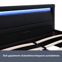 Lade das Bild in den Galerie-Viewer, Polsterbett,140*200cm LED-Bett，mit Lattenrost und Stauraum, mit beleuchtetem Kopfteil in diversen Farben，Schwarz，Kunstleder &amp; Holz
