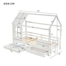 Lade das Bild in den Galerie-Viewer, Hausbett Kinderbett Jugendbett 200x90 mit Rausfallschutz，vielseitiges Holz Kinderbett für Jungen &amp; Mädchen, Wei Schubladen, Massivholz Kinder Bett mit Rausfallschutz Fenster und Lattenrost, Weiß
