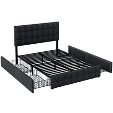 Lade das Bild in den Galerie-Viewer, olsterbett mit 4 Schubladen, Doppelbett mit Lattenrost, Stauraum Bett, höhenverstellbares Kopfteil &amp; quadratisches Nähdesign, Metalllattenstütze, Leinenmaterial (140*200 cm, Schwarz)
