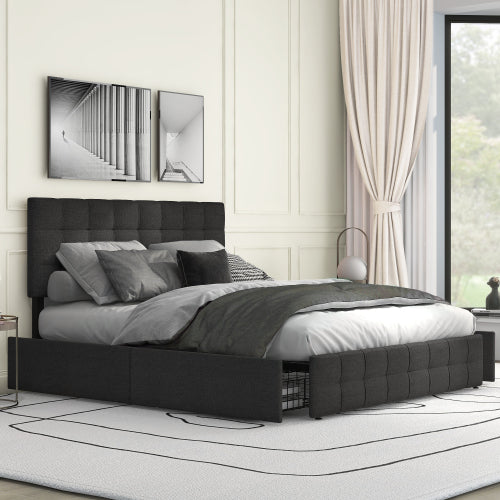 olsterbett mit 4 Schubladen, Doppelbett mit Lattenrost, Stauraum Bett, höhenverstellbares Kopfteil & quadratisches Nähdesign, Metalllattenstütze, Leinenmaterial (140*200 cm, Schwarz)