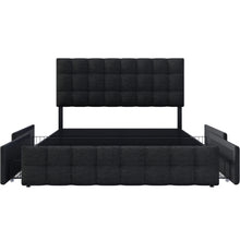 Lade das Bild in den Galerie-Viewer, olsterbett mit 4 Schubladen, Doppelbett mit Lattenrost, Stauraum Bett, höhenverstellbares Kopfteil &amp; quadratisches Nähdesign, Metalllattenstütze, Leinenmaterial (140*200 cm, Schwarz)
