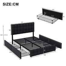 Lade das Bild in den Galerie-Viewer, olsterbett mit 4 Schubladen, Doppelbett mit Lattenrost, Stauraum Bett, höhenverstellbares Kopfteil &amp; quadratisches Nähdesign, Metalllattenstütze, Leinenmaterial (140*200 cm, Schwarz)

