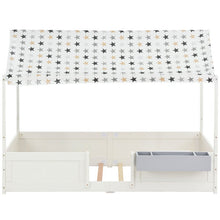 Lade das Bild in den Galerie-Viewer, Hausbett Spielbett mit Stoffzeltaufsatz| Mit Aufbewahrungsbox | 3 Kombinationen|Kinderbett Lattenrost in Kiefernholz, 90 x 200 cm, ohne Matratze, weiß
