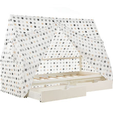 Lade das Bild in den Galerie-Viewer, Hausbett Spielbett mit Stoffzeltaufsatz  2 SchubladenMobiler ZeltständerRausfallschutz Stabiler Lattenrost Kinderbett in Kiefer,90x200cm,ohne Matratze
