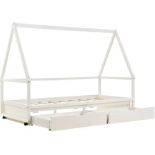 Lade das Bild in den Galerie-Viewer, Hausbett Spielbett mit Stoffzeltaufsatz  2 SchubladenMobiler ZeltständerRausfallschutz Stabiler Lattenrost Kinderbett in Kiefer,90x200cm,ohne Matratze
