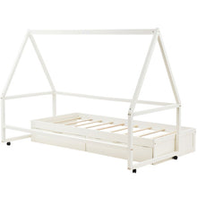 Lade das Bild in den Galerie-Viewer, Hausbett Spielbett mit Stoffzeltaufsatz  2 SchubladenMobiler ZeltständerRausfallschutz Stabiler Lattenrost Kinderbett in Kiefer,90x200cm,ohne Matratze
