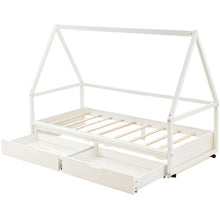 Lade das Bild in den Galerie-Viewer, Hausbett Spielbett mit Stoffzeltaufsatz  2 SchubladenMobiler ZeltständerRausfallschutz Stabiler Lattenrost Kinderbett in Kiefer,90x200cm,ohne Matratze
