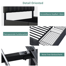 Lade das Bild in den Galerie-Viewer, olsterbett mit 4 Schubladen, Doppelbett mit Lattenrost, Stauraum Bett, höhenverstellbares Kopfteil &amp; quadratisches Nähdesign, Metalllattenstütze, Leinenmaterial (140*200 cm, Schwarz)
