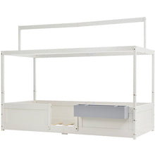 Lade das Bild in den Galerie-Viewer, Hausbett Spielbett mit Stoffzeltaufsatz| Mit Aufbewahrungsbox | 3 Kombinationen|Kinderbett Lattenrost in Kiefernholz, 90 x 200 cm, ohne Matratze, weiß
