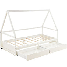 Lade das Bild in den Galerie-Viewer, Hausbett Spielbett mit Stoffzeltaufsatz  2 SchubladenMobiler ZeltständerRausfallschutz Stabiler Lattenrost Kinderbett in Kiefer,90x200cm,ohne Matratze
