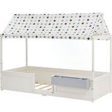 Lade das Bild in den Galerie-Viewer, Hausbett Spielbett mit Stoffzeltaufsatz| Mit Aufbewahrungsbox | 3 Kombinationen|Kinderbett Lattenrost in Kiefernholz, 90 x 200 cm, ohne Matratze, weiß
