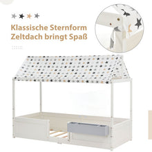 Lade das Bild in den Galerie-Viewer, Hausbett Spielbett mit Stoffzeltaufsatz| Mit Aufbewahrungsbox | 3 Kombinationen|Kinderbett Lattenrost in Kiefernholz, 90 x 200 cm, ohne Matratze, weiß
