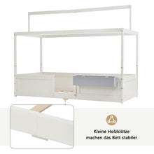 Lade das Bild in den Galerie-Viewer, Hausbett Spielbett mit Stoffzeltaufsatz| Mit Aufbewahrungsbox | 3 Kombinationen|Kinderbett Lattenrost in Kiefernholz, 90 x 200 cm, ohne Matratze, weiß
