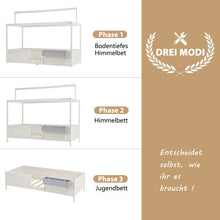 Lade das Bild in den Galerie-Viewer, Hausbett Spielbett mit Stoffzeltaufsatz| Mit Aufbewahrungsbox | 3 Kombinationen|Kinderbett Lattenrost in Kiefernholz, 90 x 200 cm, ohne Matratze, weiß
